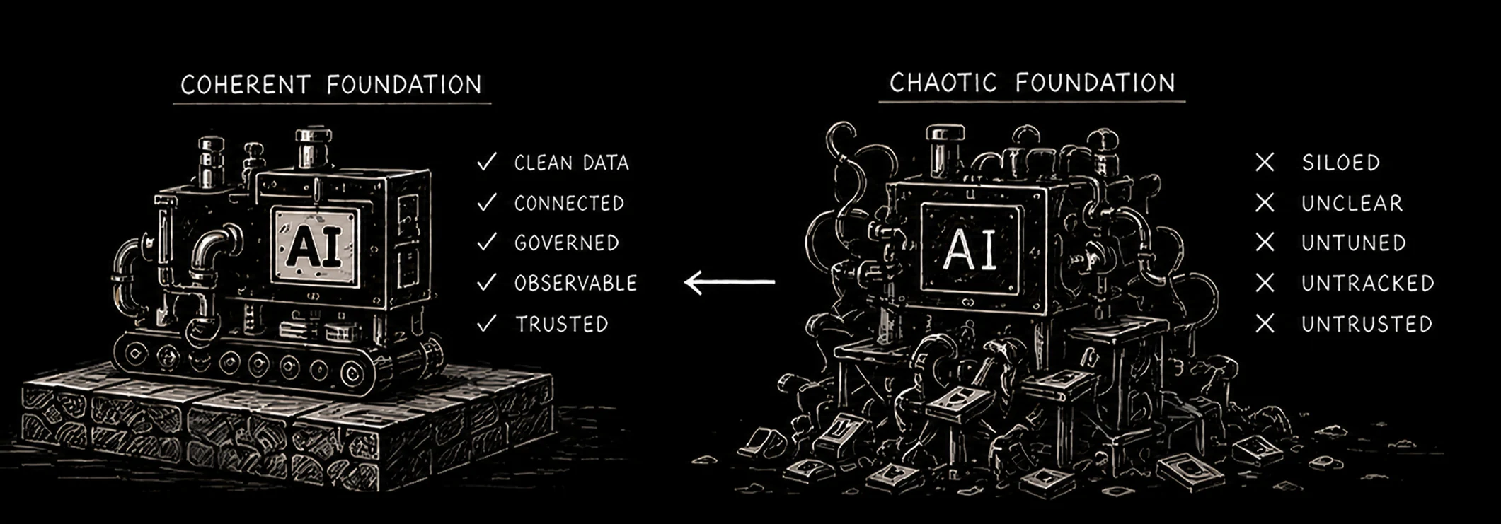 A coherent, governed AI foundation compared with a chaotic, siloed, untrusted foundation