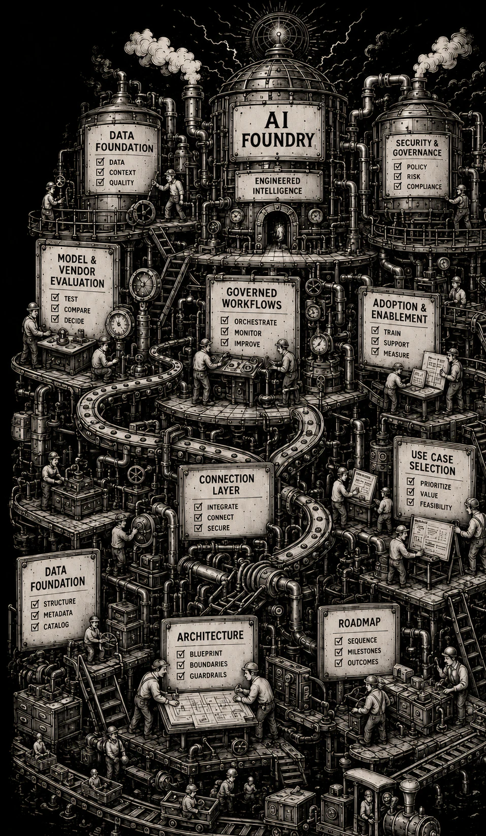 A layered AI foundry architecture connecting data foundations, governance, model evaluation, governed workflows, adoption, use-case selection, connection layers, architecture, and a delivery roadmap