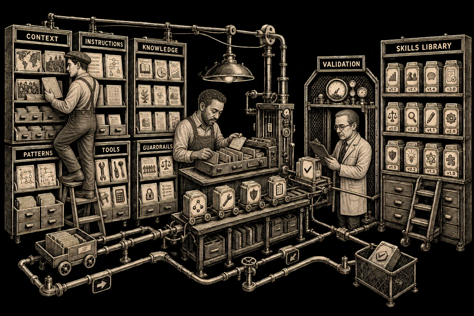 A workshop library where specialists assemble context, instructions, knowledge, patterns, tools, and guardrails into validated reusable skills