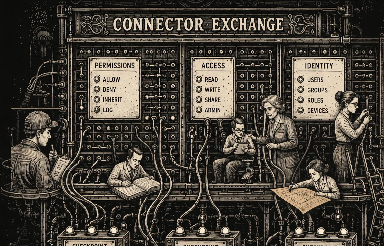 A connector exchange switchboard where specialists manage permissions, access, identity, cables, ports, and governed checkpoints