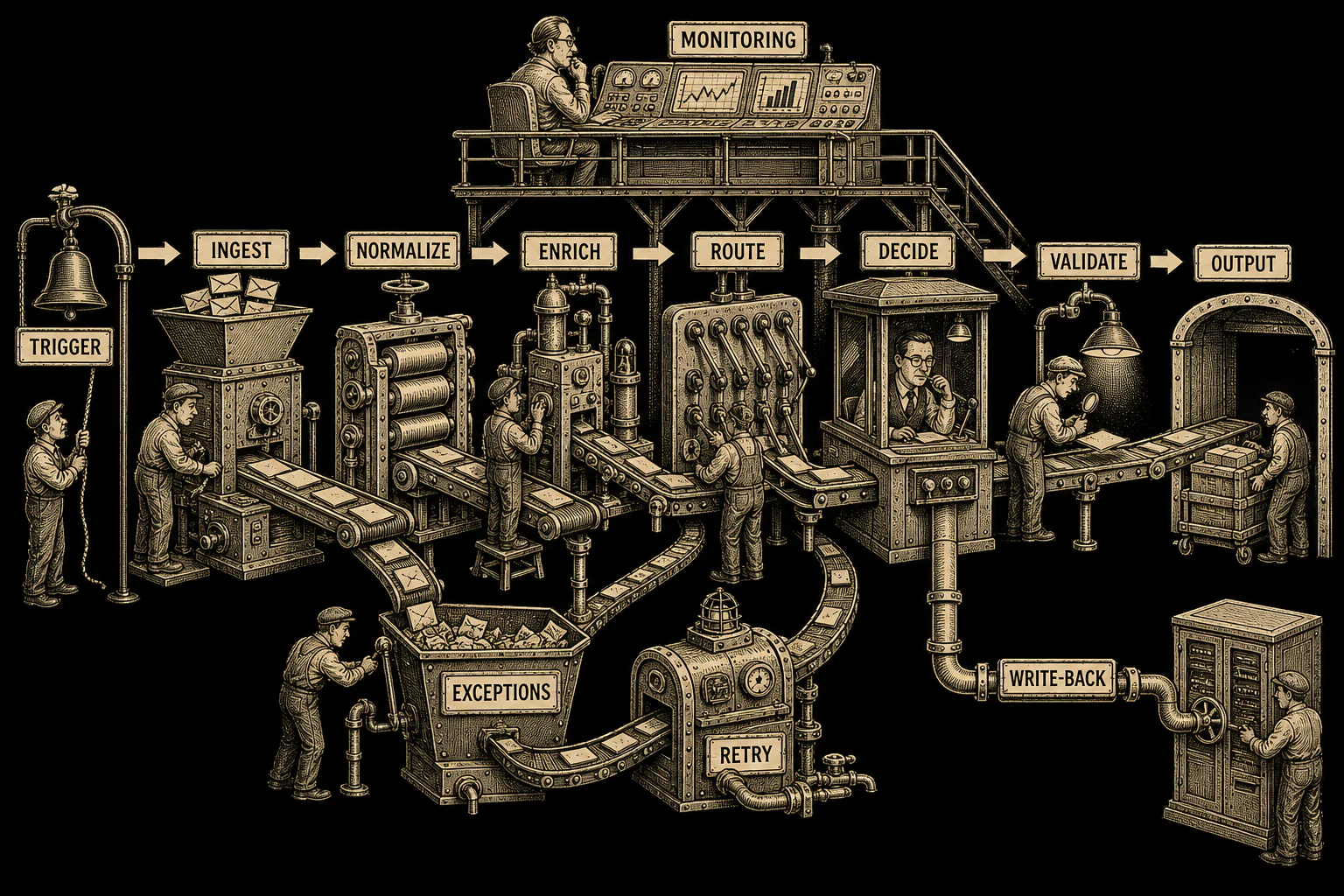 A monitored workflow factory moving work from trigger through ingestion, normalization, enrichment, routing, decisions, validation, exceptions, retries, write-back, and output