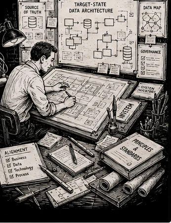 An architect drafting a target-state data architecture surrounded by models, maps, and governance decisions