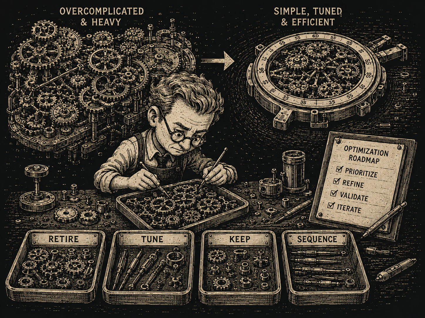 A watchmaker simplifying an overcomplicated mechanism into an efficient design using a roadmap to retire, tune, keep, and sequence architectural changes
