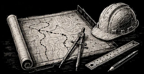 A map, compass, hardhat, ruler, and pencil prepared for architecture planning