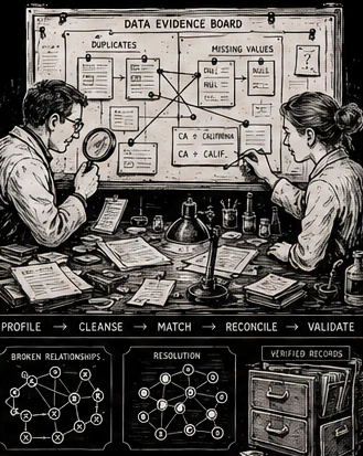 Two specialists examining a data evidence board for duplicates, missing values, broken relationships, and verified records