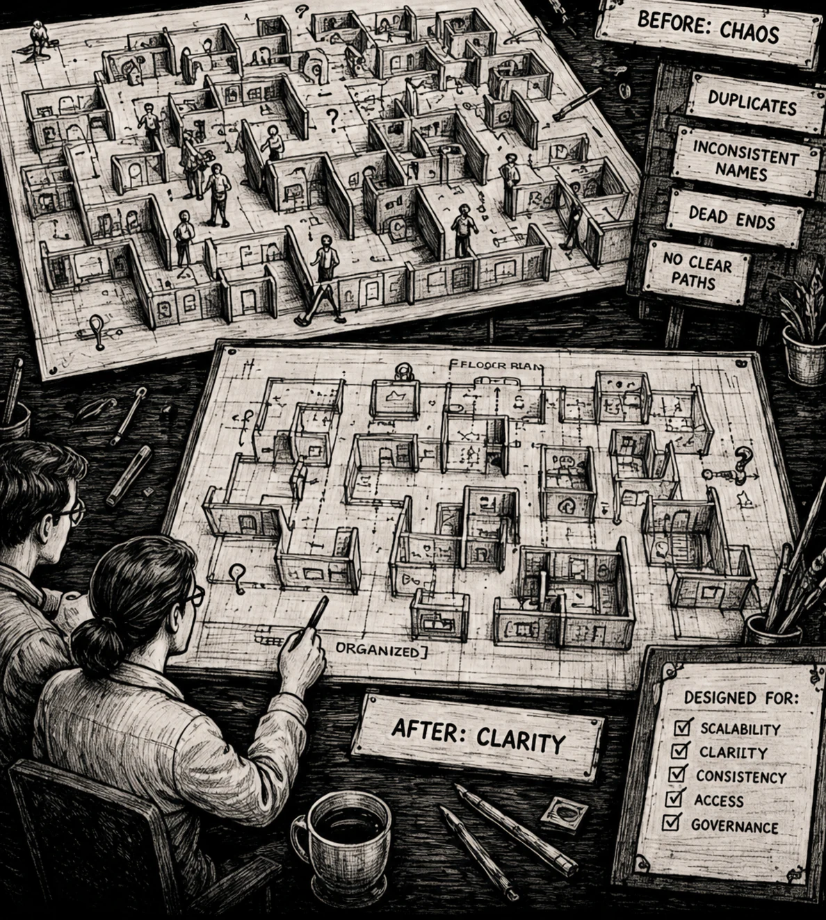 Two information architects comparing a before-chaos repository blueprint with an after-clarity architecture designed for findability, usability, consistency, access, and governance