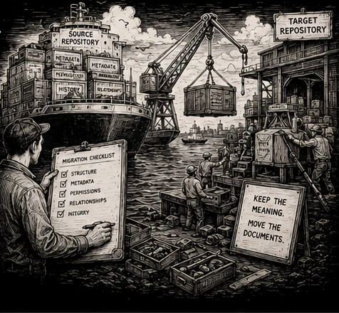 A complete port scene moving documents, metadata, permissions, history, and relationships from a source repository to a target repository while preserving meaning