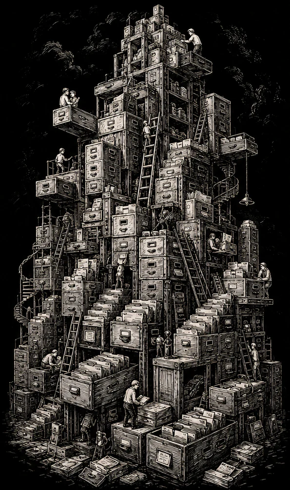 People navigating a complete tower of filing cabinets, drawers, ladders, documents, and information repositories