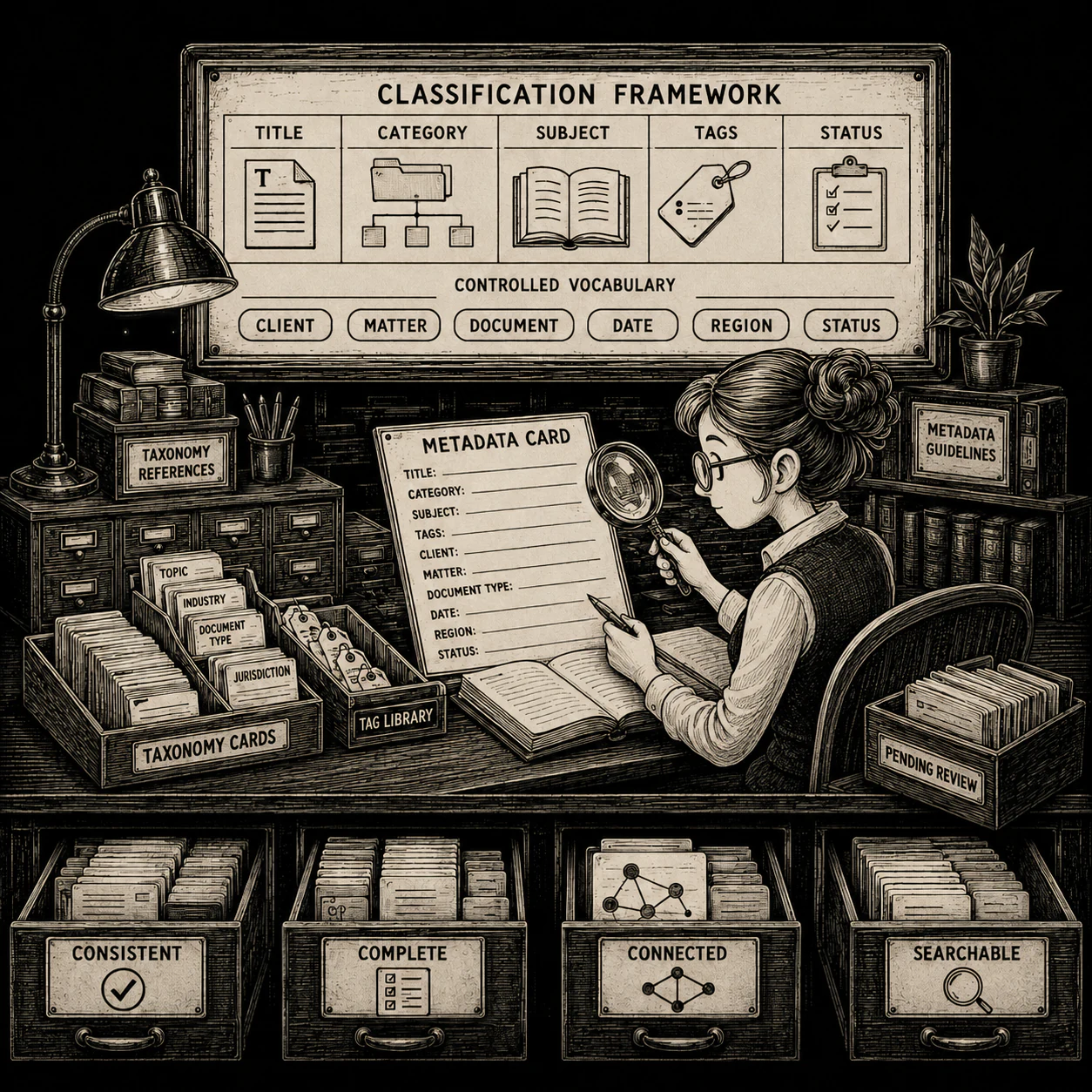 A metadata specialist reviewing a metadata card beside a classification framework, controlled vocabulary, taxonomy cards, a tag library, and filing drawers labeled consistent, complete, connected, and searchable
