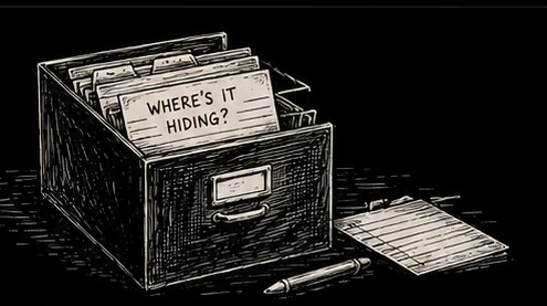 A file box with a card asking where the information is hiding, beside a document and pencil
