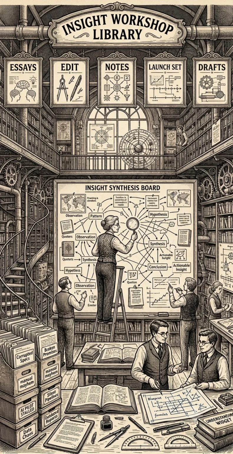An editorial workshop library where ideas are collected, tested, edited, and prepared for publication.