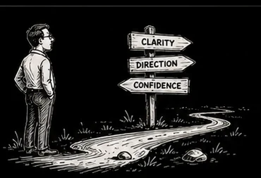 A person considering a signpost pointing toward clarity, direction, and confidence