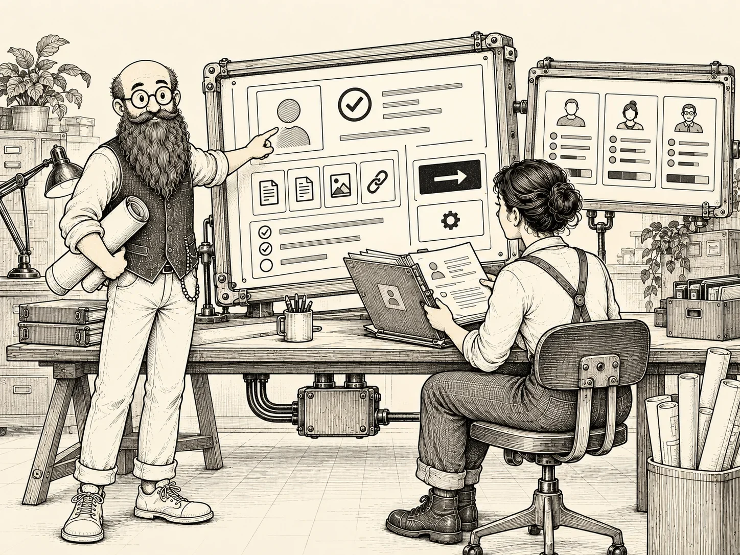 The Nornoet Data Architect presents an individual record workspace beside a team overview while a person reviews the matching file.